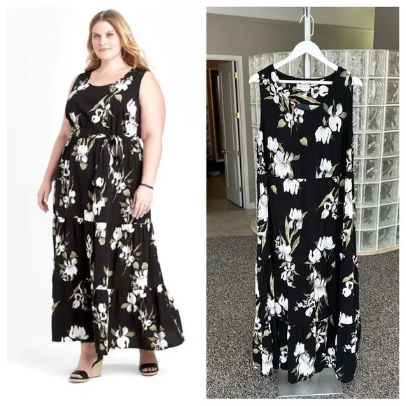 Ava & Viv Floral Black and White Scoop Neck Maxi Dress - Picture 1 of 10